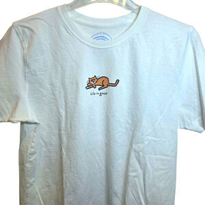 Life is Good VTG Cat Crusher Shirt Womens Short Sleeve Sz Medium White Cotton